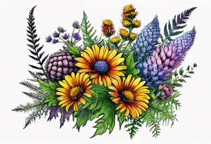 spread out mixed wildflower bouquet with ferns, thistle and with some color and show the design on a leg tattoo idea