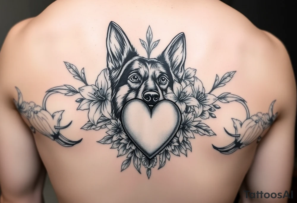 german shepherd floral lilies colour sacred heart tattoo idea