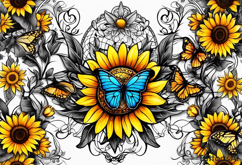 Arm sleeve with Winged cross with sunflower and butterflies tattoo idea