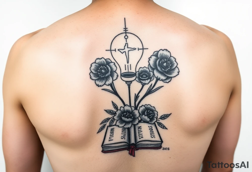 Religious tattoo that also symbolizes mental health. Maybe something to do with still finding light in the darkness. Maybe a bible at the bottom and some flowers blooming for the mental health aspect. Tattoo will be a half sleeve on my forearm tattoo idea