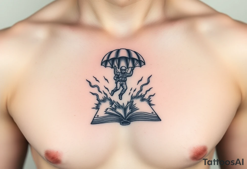 A parachuting soldier landing into an open book. Chaos surrounding, but the book is protecting the soldier from it. On the chest. Make the tattoo smaller. Make it thought provoking. Make the chaos in the environment be a thunderstorm tattoo idea