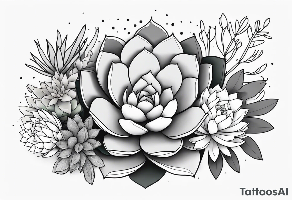 fine line. one big succulent in the middle. Two smaller succulents on each side. Dots and floral
. Sternum tattoo grey scale shading tattoo idea