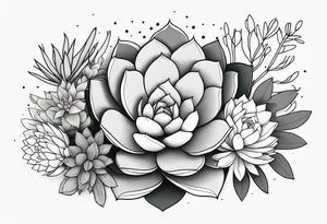 fine line. one big succulent in the middle. Two smaller succulents on each side. Dots and floral
. Sternum tattoo grey scale shading tattoo idea