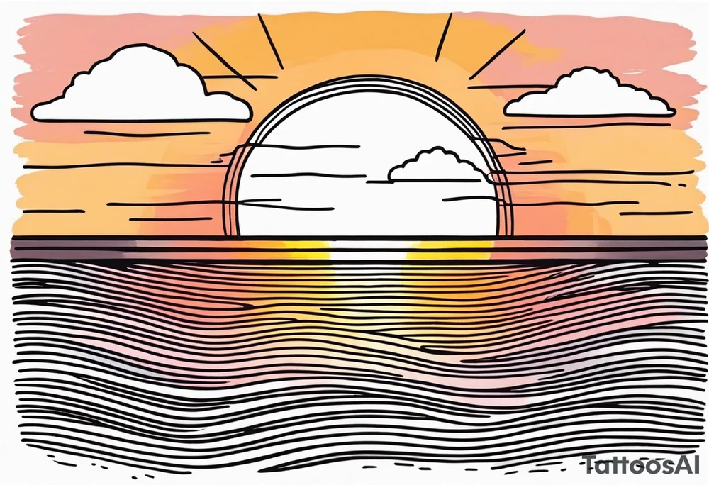 You're adding way too much. hand drawn minimal sunset. Only Ocean and sunset in the image. Very calm waters with barely any waves. tattoo idea