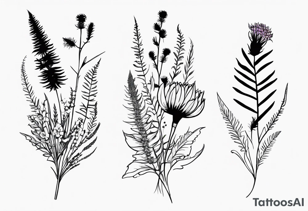 spread out mixed wildflower bouquet with ferns, thistle and with color and show the design on a leg tattoo idea