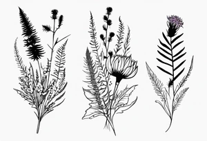 spread out mixed wildflower bouquet with ferns, thistle and with color and show the design on a leg tattoo idea