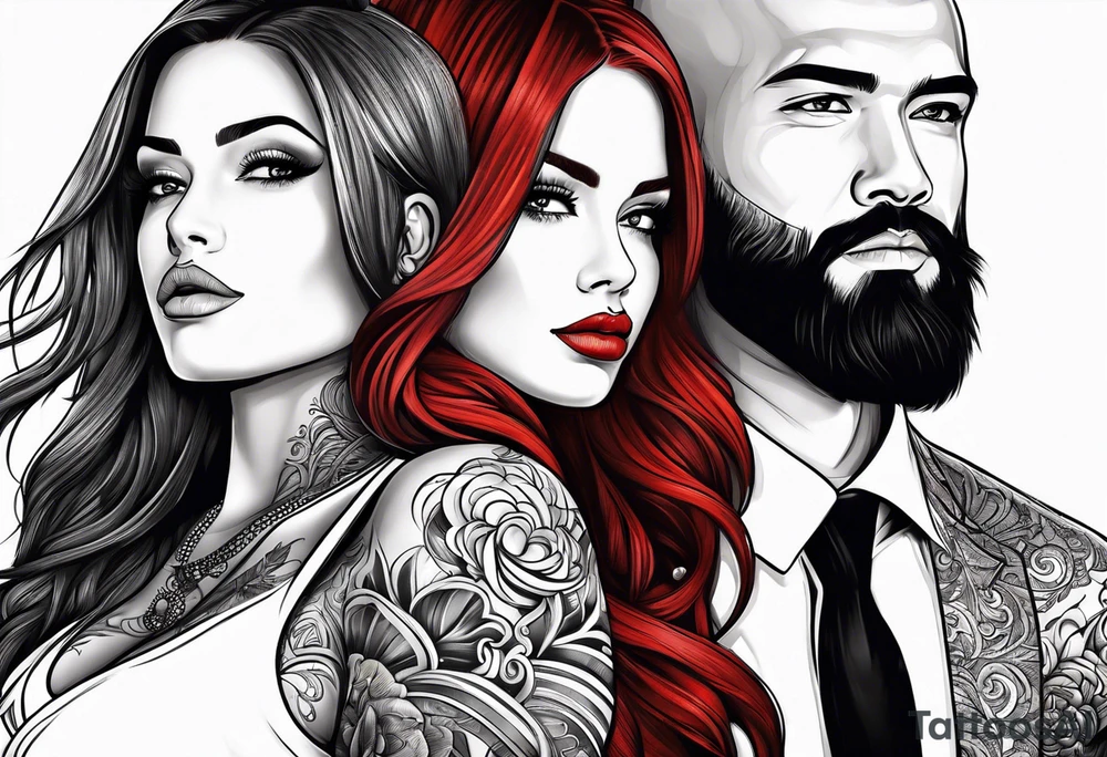Busty red hair woman with bearded man black hair tattoo idea