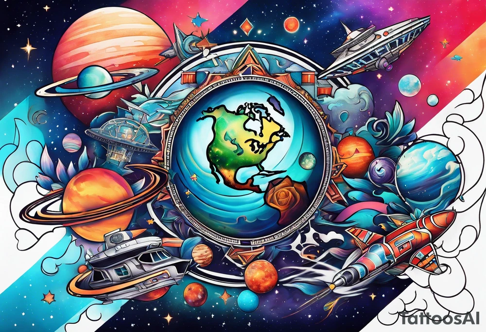 Tattoo featuring space featuring spaceships and featuring water in galaxy colours featuring animals featuring Amsterdam tattoo idea