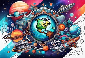 Tattoo featuring space featuring spaceships and featuring water in galaxy colours featuring animals featuring Amsterdam tattoo idea