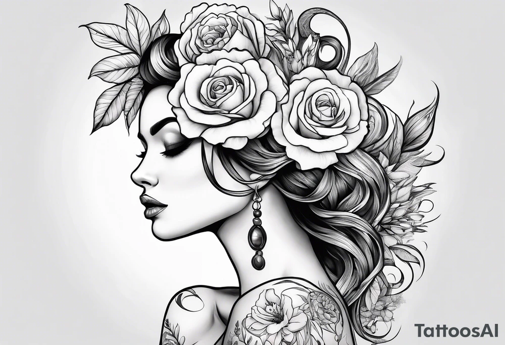fine line tattoo with woman with flowers growing out of her head tattoo idea