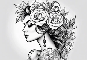fine line tattoo with woman with flowers growing out of her head tattoo idea