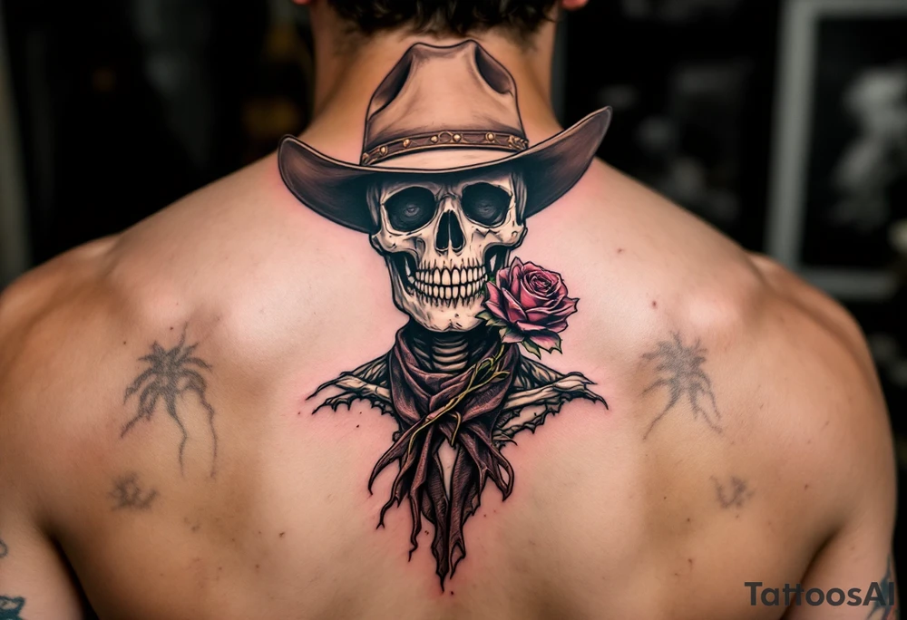 a full body skeleton cowboy with a rose in his mouth. tattoo idea