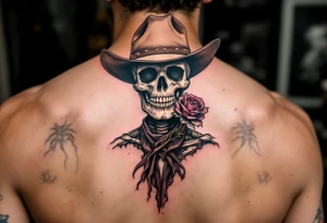 a full body skeleton cowboy with a rose in his mouth. tattoo idea