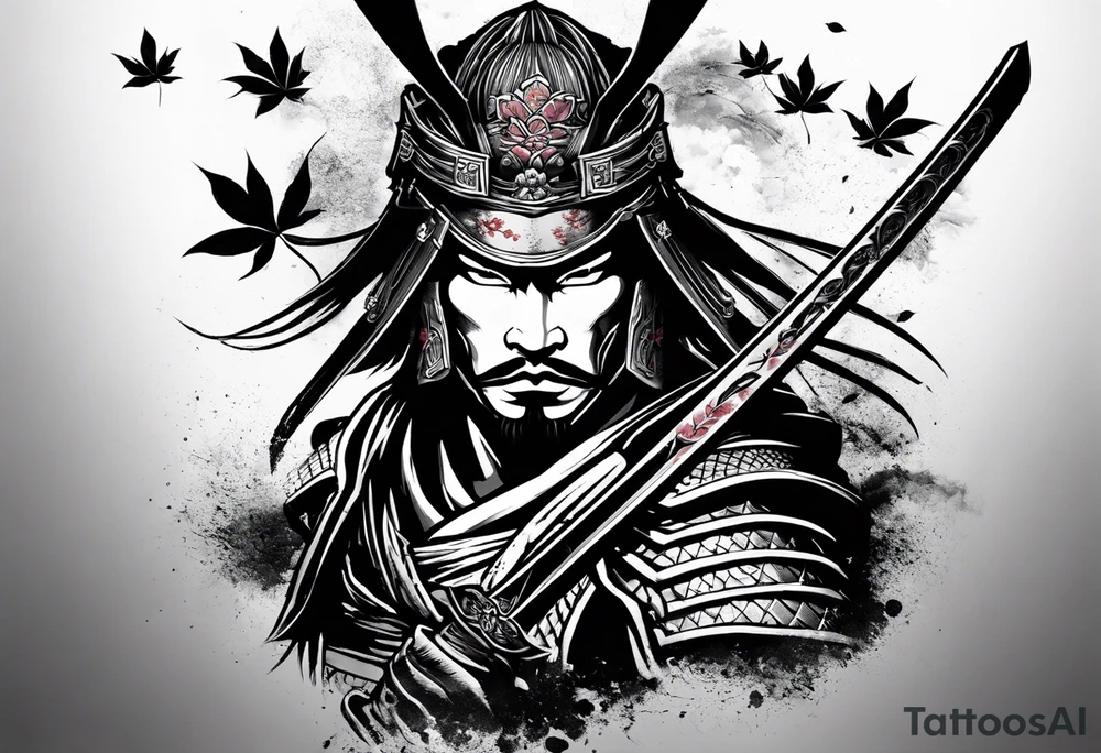 samurai with sword in blood, in armor, for a forearm
Should contains sakura leaves 
The tatoo should show i have dedication, respect and inner strength, and I try to become better everyday tattoo idea
