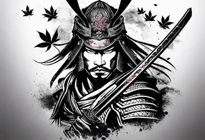 samurai with sword in blood, in armor, for a forearm
Should contains sakura leaves 
The tatoo should show i have dedication, respect and inner strength, and I try to become better everyday tattoo idea