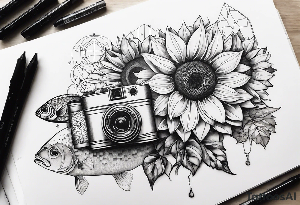 Géométric, sunflower, book, camera, fish tattoo idea