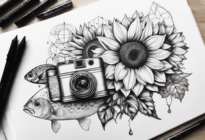 Géométric, sunflower, book, camera, fish tattoo idea
