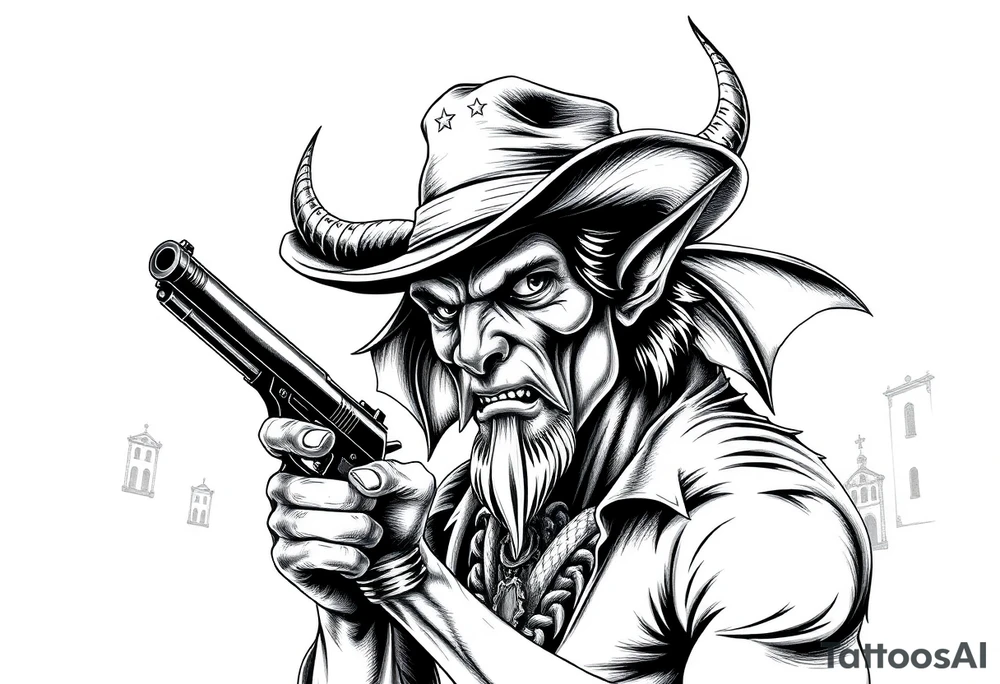 a demon with cowboy-hat ,a gun in a hand, old buildings in the background. tattoo idea