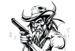 a demon with cowboy-hat ,a gun in a hand, old buildings in the background. tattoo idea