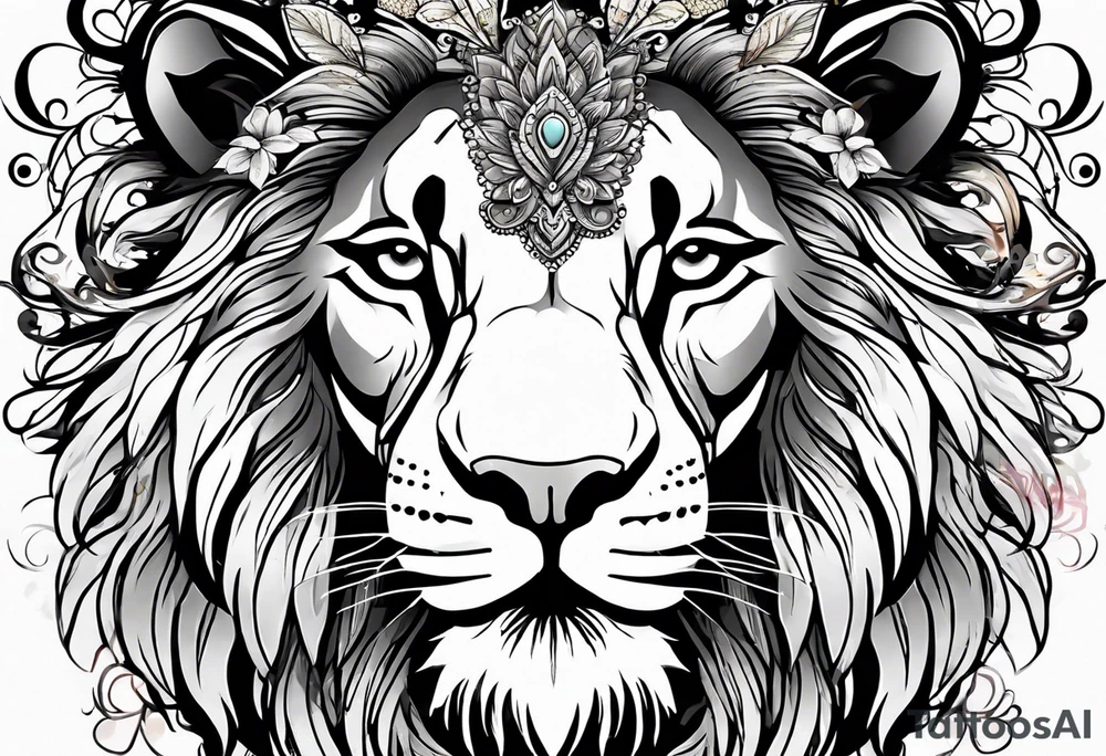 lion covered in lilies butterflies crown mane made of feathers tattoo idea