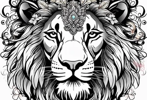 lion covered in lilies butterflies crown mane made of feathers tattoo idea