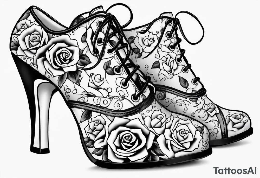 Pearl necklace wrapped around 1950s pinup pumps with roses surrounding tattoo idea