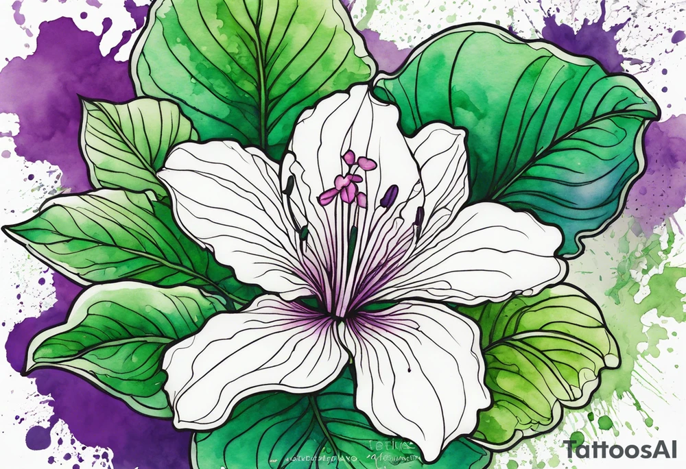 An outline of a green rio dipladenia flower and a green and purple watercolor splash in the background tattoo idea