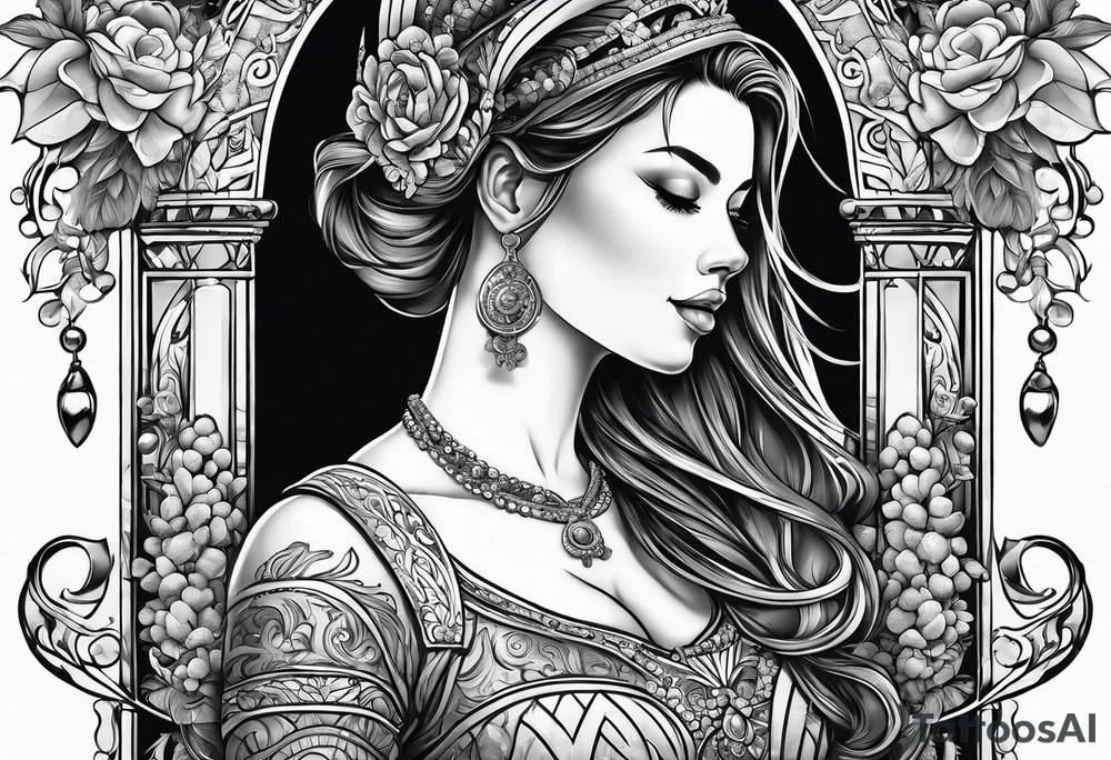 a female figure with a bridle, cheap groceries, diluting wine with water. tattoo idea