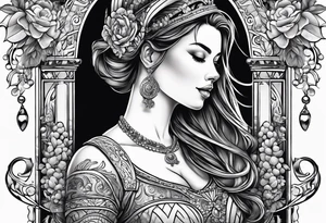a female figure with a bridle, cheap groceries, diluting wine with water. tattoo idea