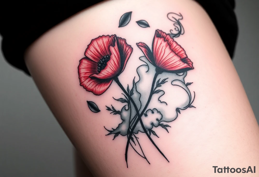 Big army inspired loss of friends 2 red poppy’s, and smoke tattoo idea