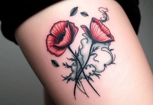 Big army inspired loss of friends 2 red poppy’s, and smoke tattoo idea