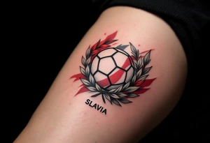 A classic ball surrounded by laurel leaves in red and white, with “Slavia” written underneath. tattoo idea