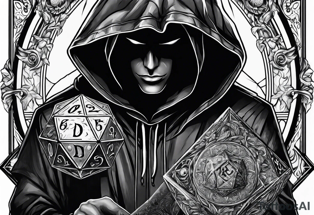 hooded figure holding a d20 tattoo idea