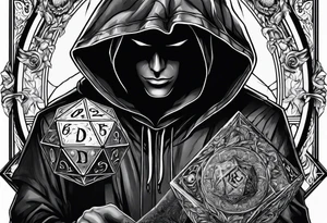 hooded figure holding a d20 tattoo idea