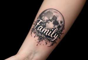 Word Family drawn in white ink over a soft gray moon, symbolizing everlasting connection. tattoo idea