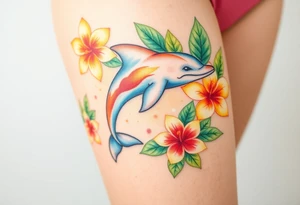 A dolphin surrounded by tropical hibiscus flowers and palm leaves, in sunset hues of orange, yellow, and coral pink tattoo idea