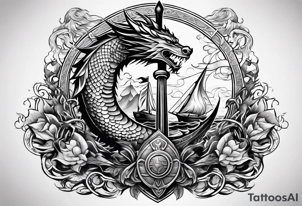 Valhalla sword shield dragon axe viking 
ship tattoo idea