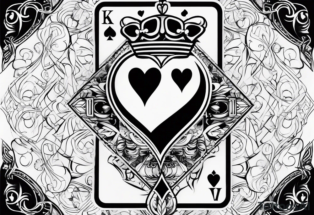 one playing card with both queen of hearts and king of spades incorporated in extreme minimalistic  style tattoo idea