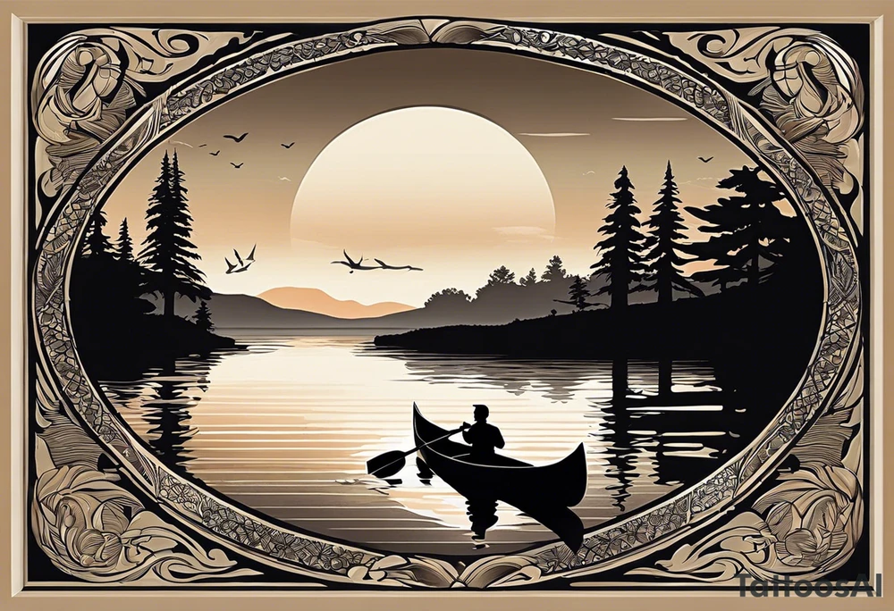 The tattoo design depicts a serene nature scene, framed within a semi-circular border. In the foreground, there are two people sitting in a canoe on a calm lake. They are paddling towards the horizon, with one person sitting at the back of the canoe and the other at the front. The back view of the people suggests a peaceful and contemplative moment shared between them.

In the background, there are majestic mountains with peaks covered in snow, creating a dramatic and picturesque landscape. The mountains are flanked by tall pine trees on either side, adding to the wilderness feel of the scene. Above the mountains, a large sun is either rising or setting, casting a tranquil glow over the entire scene. Birds are flying in the sky, adding to the sense of freedom and natural beauty.

The entire scene is rendered in a minimalist, black and white, line-drawing style, giving it a clean and elegant appearance. The semi-circular frame around the design focuses attention on the central elements and adds a sense of completeness to the image. tattoo idea