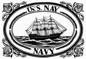 ship in rough seas, front porfile, in oval with rope border, super imposed over crossed cannons, banner at bottom that says "US Navy" tattoo idea