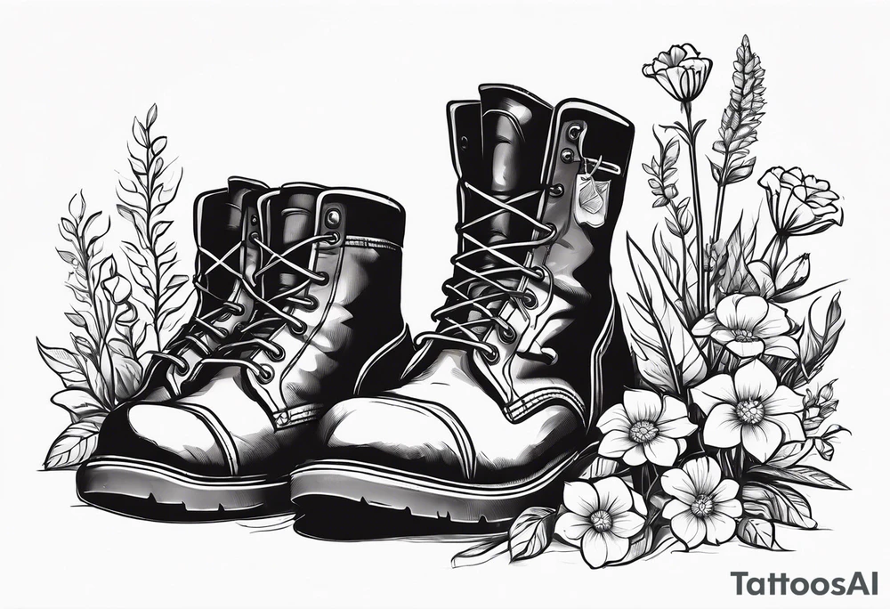 dads work boots sitting with tools and a beer behind or near it and flowers growing out of the boots. tattoo idea