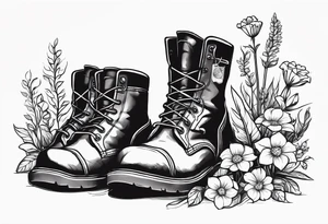 dads work boots sitting with tools and a beer behind or near it and flowers growing out of the boots. tattoo idea