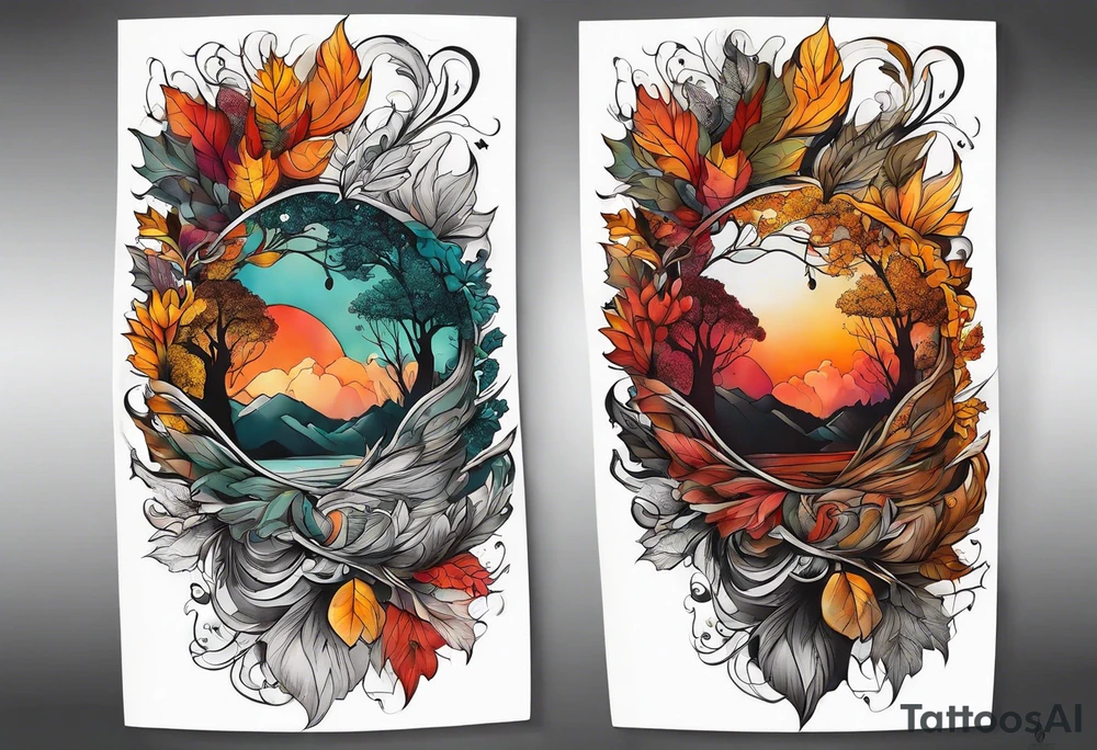 Arm Sleeve Tattoo with fall colors,  flattened tattoo idea