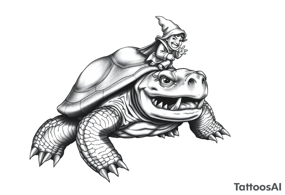powerful and angry turtle with huge teeth and a tiny hobbit like person riding on the back tattoo idea