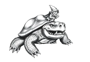 powerful and angry turtle with huge teeth and a tiny hobbit like person riding on the back tattoo idea
