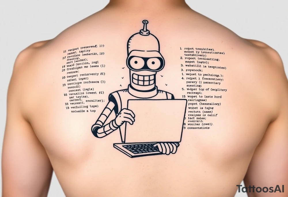 Tattoo design of a humorous robot inspired by Bender from Futurama, holding a laptop or typing on a keyboard, surrounded by lines of code in a programming language like Python or C#. Include funny text tattoo idea