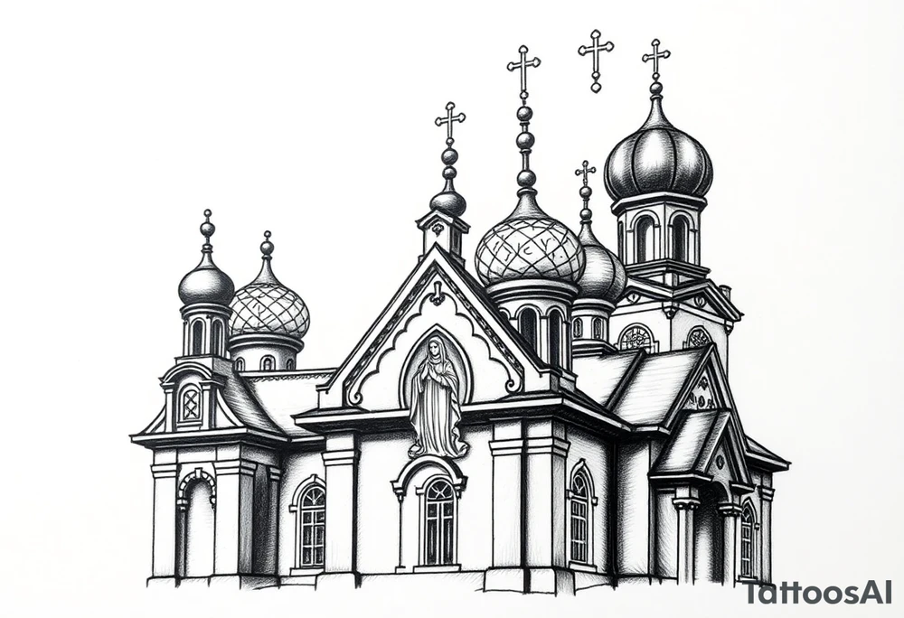 Russian orthodox church with bulb domes with a prominent russian orthodox style virgin mary stood outside to the left russian themed tattoo idea
