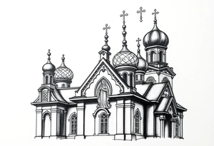Russian orthodox church with bulb domes with a prominent russian orthodox style virgin mary stood outside to the left russian themed tattoo idea