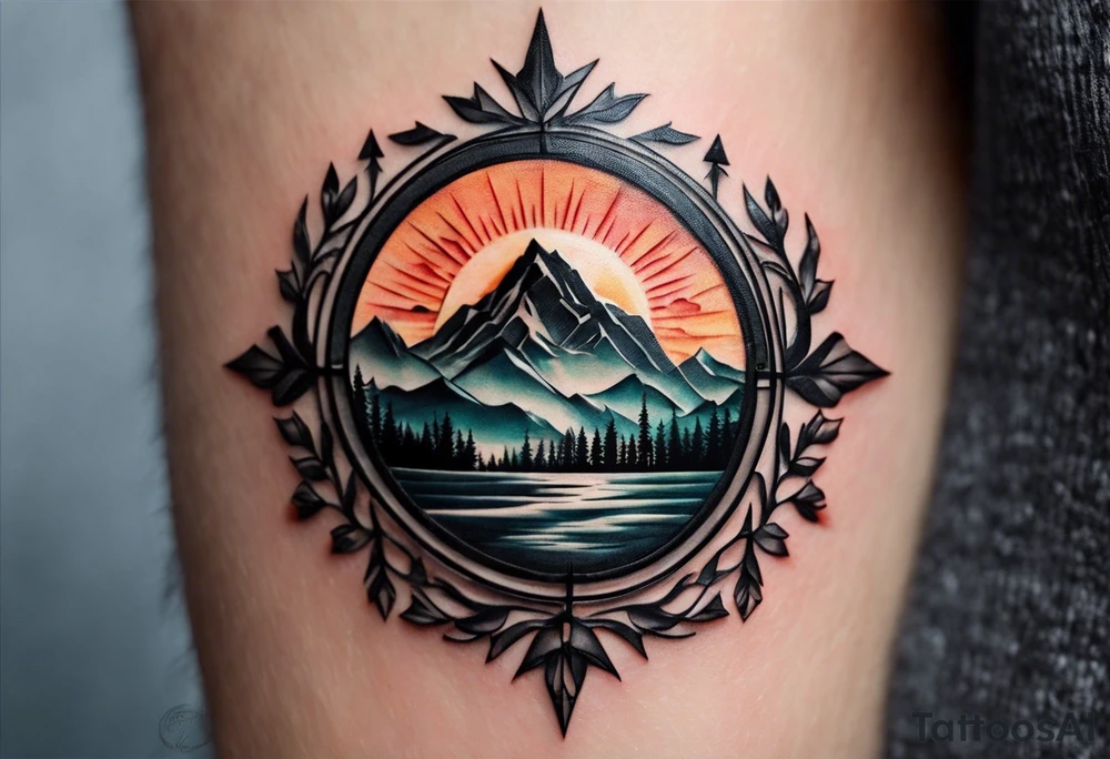 Let the coordinates 35.331° N, 33.429° E be written, next to it should be a mountain, sun, sea and tree icon, the letters of the coordinate should be capitalized and the numbers next to it should be written from top to bottom. tattoo idea