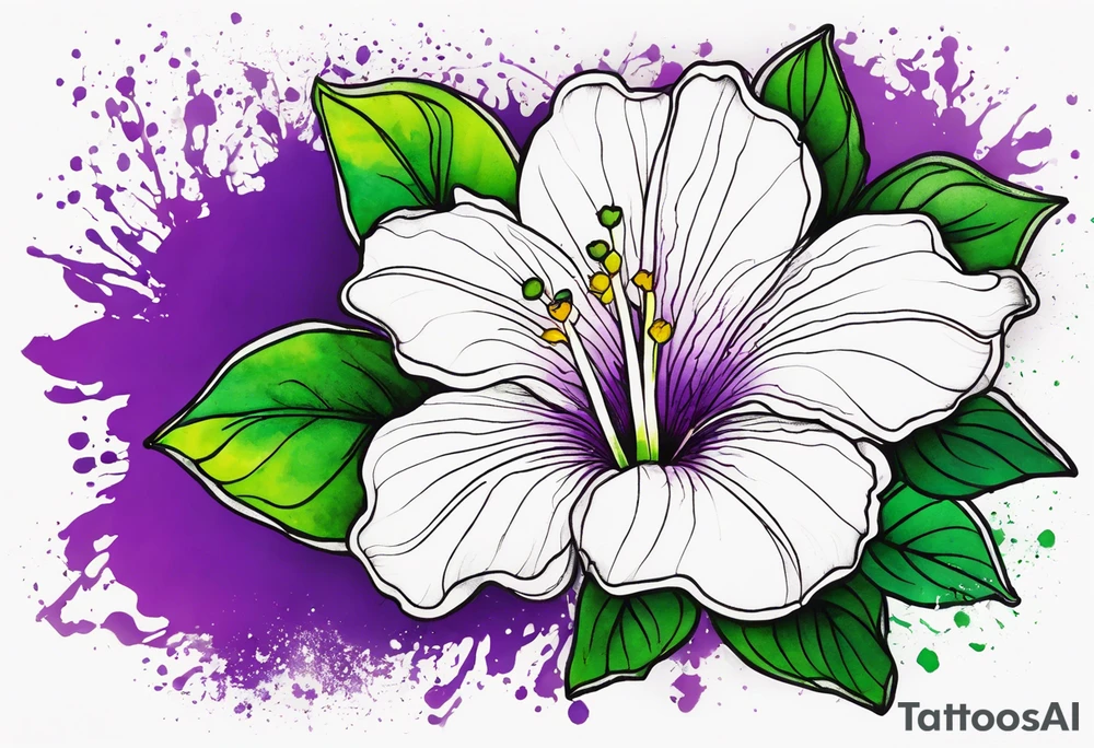An outline of a rio dipladenia flower with a green/purple watercolor splash in the background tattoo idea